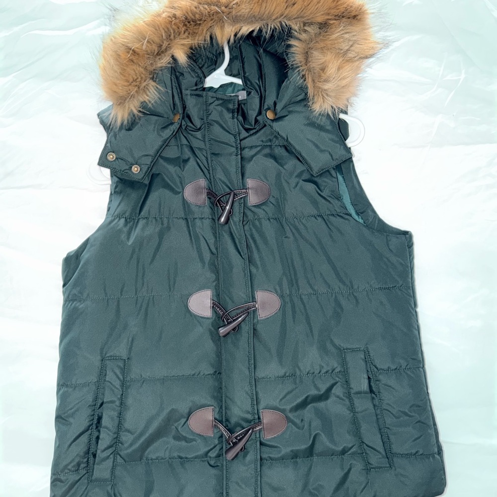 Bagatelle Dark Green Puffer Vest with Faux Fur Hood